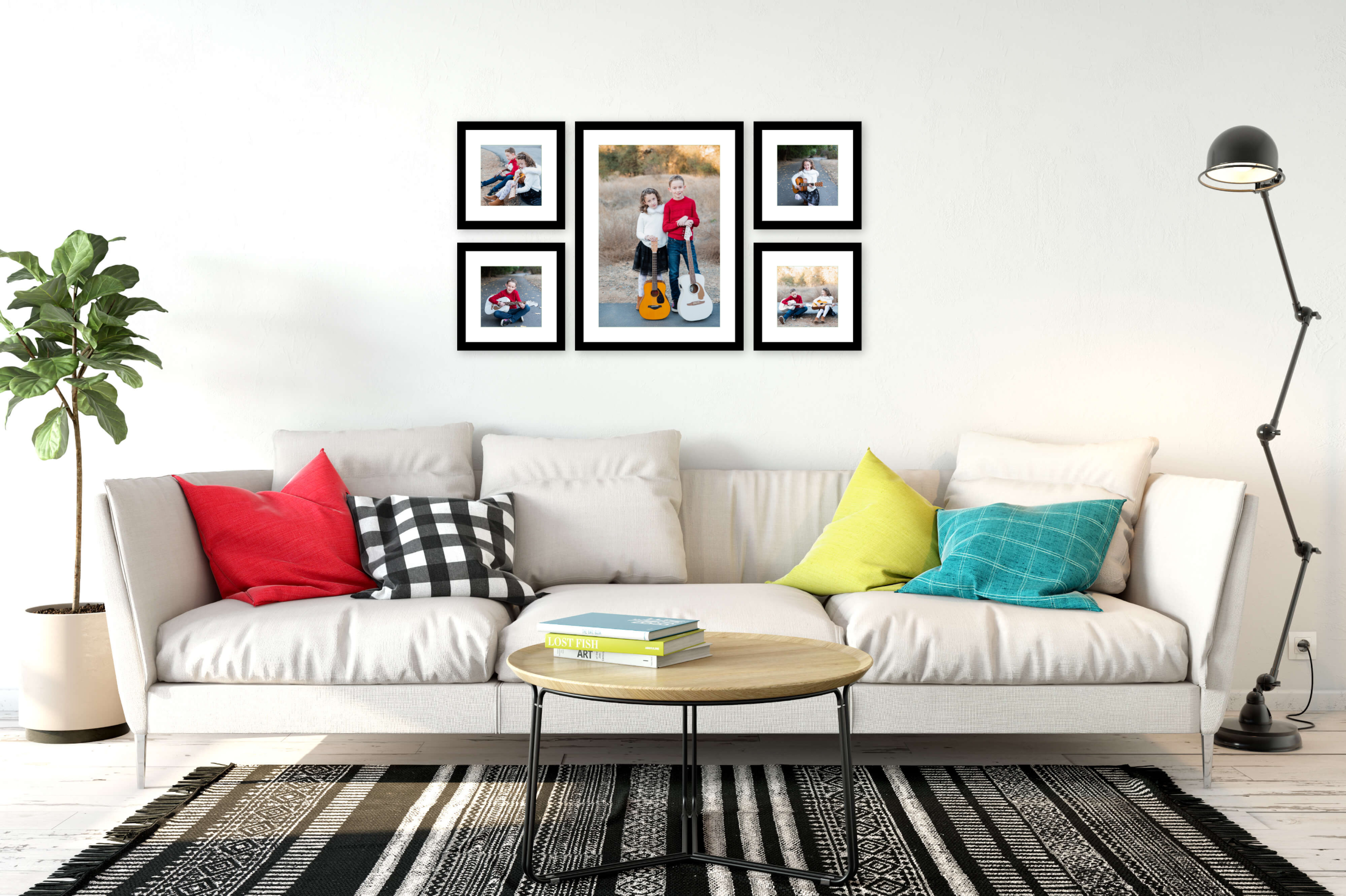 framed family portrait wall gallery hanging over couch