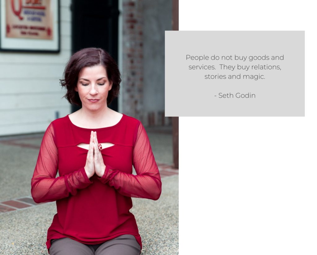 brand photography image of woman praying overlaid with Seth Godin quote